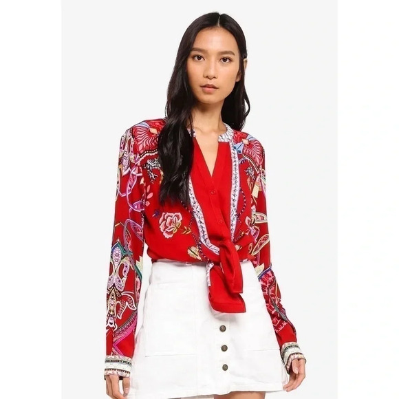 DESIGUAL PRINTED  LONG SLEEVE RED BLOUSE - Picture 3 of 16